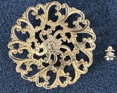 Vintage Jewelery Filigree Round Pin Faux Pearl 2.25” Diameter