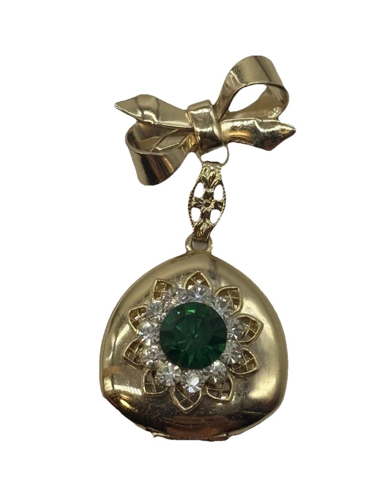 Vintage Bow Locket Pin Brooch Gold Tone Green Stone Rhinestones Original Photos