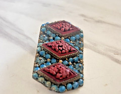Vintage Nepal Brooch Pin Brass Coral & Turquoise Inlay Tibetan Tribal Jewelry