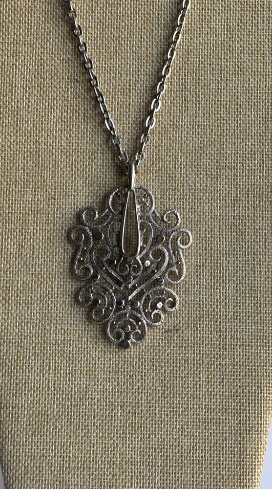 1970s Vintage Silver Tone Chunky Statement Pendant Necklace Chain Mod Boho L195
