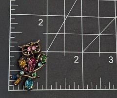 Vintage Multicolor Pastel Rhinestone Adorable Owl Bird Animal Figural Brooch Pin