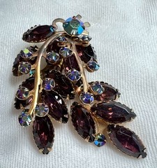 Vintage Amethyst Rhinestone Spray Brooch AB Crystal Gold Tone Mid Century