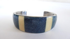 Vtg Estate Jewelry Artisan Metal Cuff Bracelet Coral Denim Blue & White Inlay