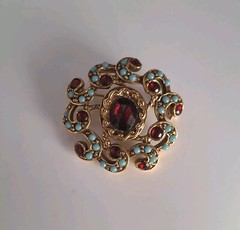 Vintage Goldette Brooch Pin Gold Alloy Turquoise & Garnet Faux Gemstones 1960s