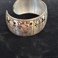 Vintage Egyptian Revival Hieroglyphic Cuff Bracelet Silver Tone Ancient Egypt