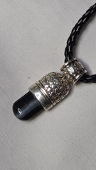 Vintage, Black Stone Pendant, Sterling Silver, 15″ Black Leather Cord (1168)