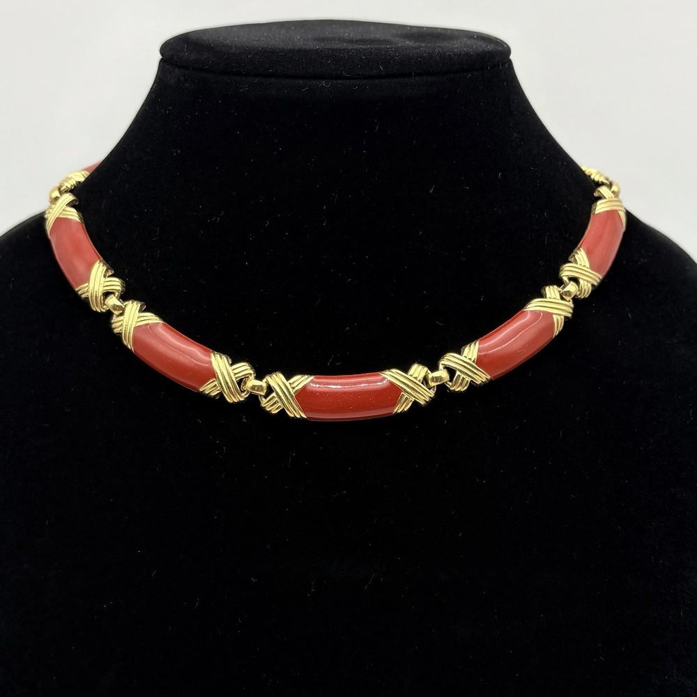 Monet Vintage Blood Orange Red Enamel & Gold Tone Choker Necklace 17 Inches
