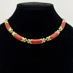 Monet Vintage Blood Orange Red Enamel & Gold Tone Choker Necklace 17 Inches