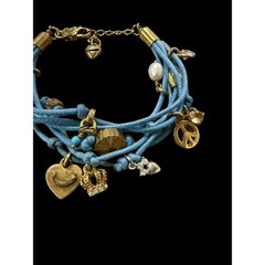 Vintage Y2K Juicy Couture Blue Cord Charm Bracelet Crown Peace Heart
