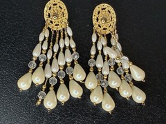 VTG Waterfall Tassel Earrings Dangle Statement Faux Teardrop Pearl Pierced