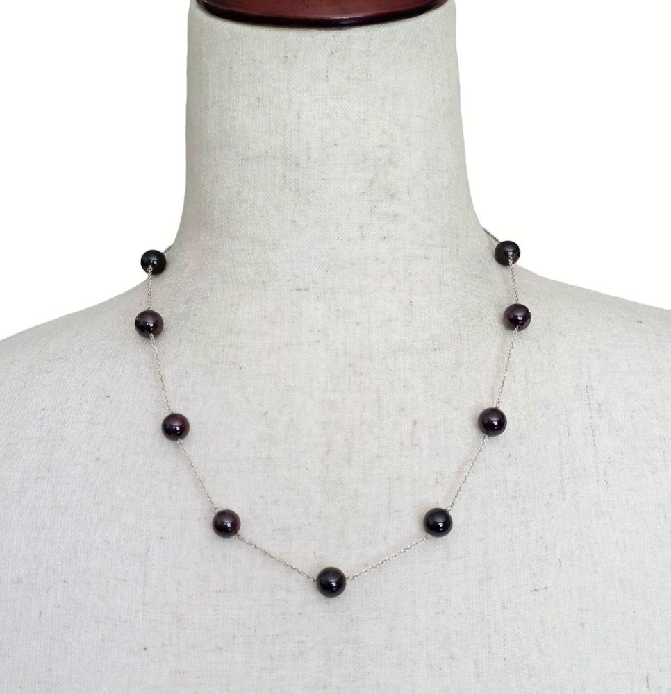 Vintage Sterling Silver Garnet Station Necklace Tin Cup Beaded Polished Natural