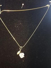 Porcelain Rose with leaf Pendant on 16 Inch Gold Tone Necklace