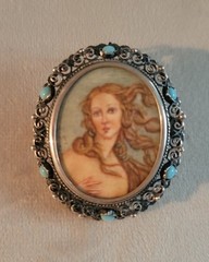 Antique 800 Silver Handpainted Lady Portrait Cameo Brooch Pendant Turquoise Cabs