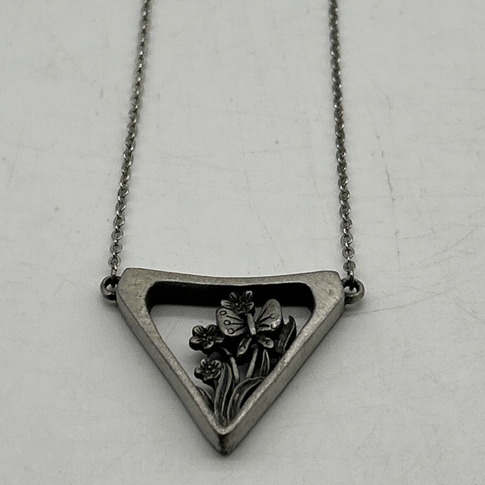 Vintage Medici Pewter Floral Butterfly Pendant Necklace, 18” Long