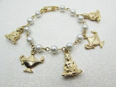 Vintage Genie & Magic Lamp Charm Bracelet for Girls- Faux Pearls- Gold Plated