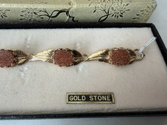 Vintage Panel Bracelet Goldstone Rose Gold Tone Round Linked 7″ New Boxed