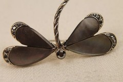 Vintage Black Mother of Pearl Dragonfly Pin Brooch Silver Tone Shell Marcasite
