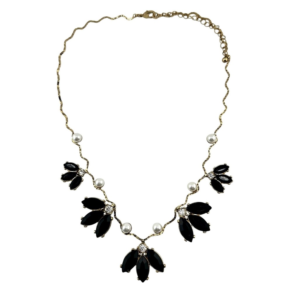 Glamorous Black Rhinestone Faux Pearl Gold Tone Elegant Statement 20″ Necklace