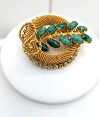 Vintage HOBE Brooch Earrings Set Green Art Glass Gold Mesh Rhinestone