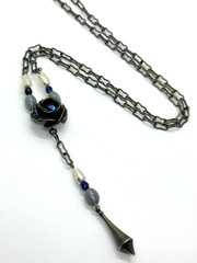Artisan Gothic Rose Necklace Y Drop Blue Crystal Oxidized Silver Tone