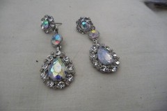 AB FACETED GLASS TEAR DROP W RHINESTONES DANGLE DROP #9/3A PIERCED EARRINGS