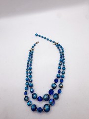 Vintage MCM Peacock Blue Iridescent Two Strand Beaded Necklace Glass Gold Fleck