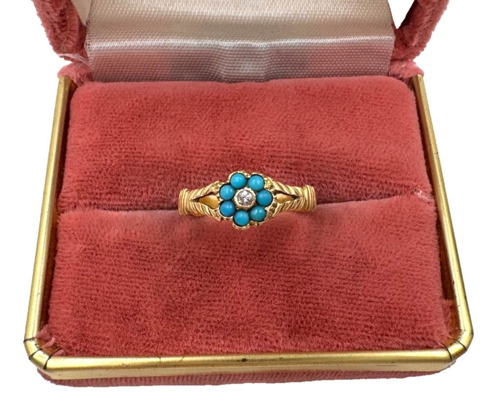 TRUE ANTIQUE VICTORIAN TURQUOISE 14K REAL SOLID YELLOW GOLD GORGEOUS RING S 6.25