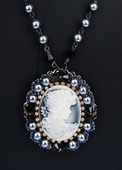 Vintage Cameo Necklace Blue Faux Pearl Black Bead Rhinestone 23″