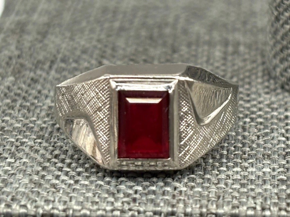Vintage 18K HGE White Gold Plated Red Stone Signet Ring Men’s Art Deco Style 8