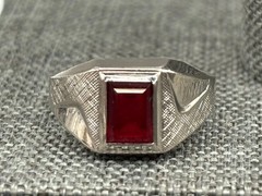 Vintage 18K HGE White Gold Plated Red Stone Signet Ring Men’s Art Deco Style 8