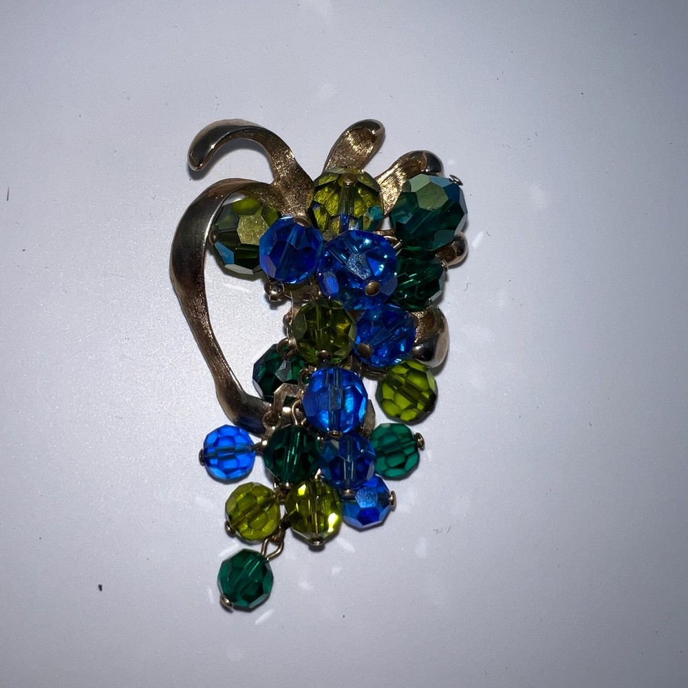Vintage Schrager Blue & Green Aurora Borealis Crystal Brush Gold Brooch