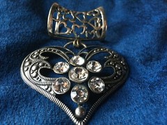 Vintage Slide Open Work Silver Tone Rhinestone Heart Charm Scarf Pendant 3.5″