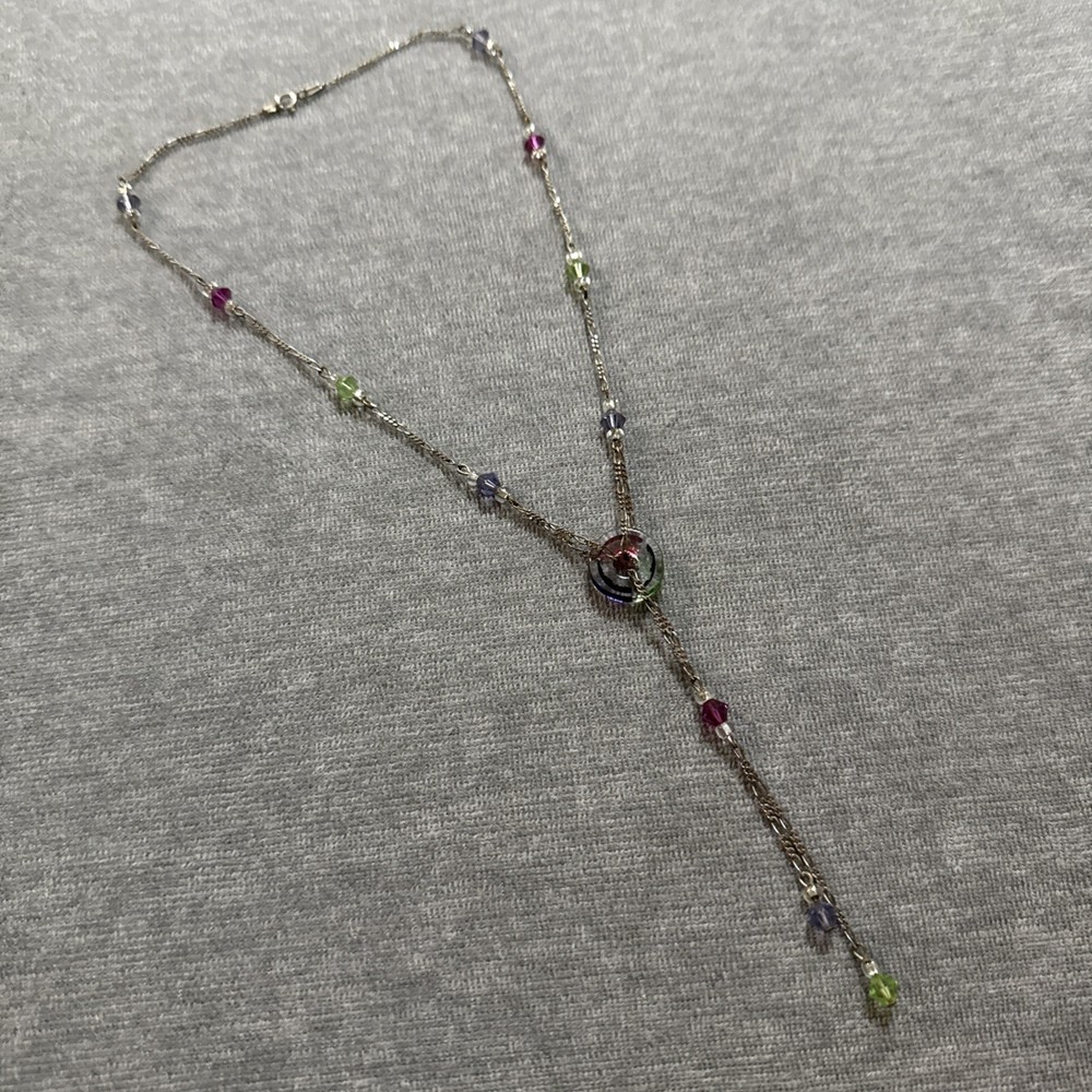 VTG Sterling Silver Lariat Necklace Crystal Bead Handblown Glass Pendant Colored