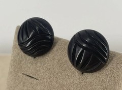 VTG Black Carved Bakelite Button Screw On Earrings MCM Boho