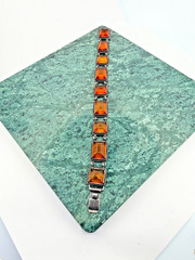 925 Sterling Silver Vintage Multiple Honey Amber Square Link Bracelet 9 stone