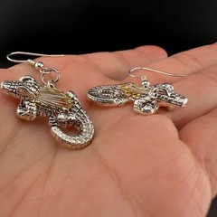 Vintage Pierced Earrings Silver Gold Tone Alligator Crocodile Two Tone Metal