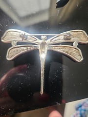 Vtg Dragonfly Insect Brooch Pin Silver Tone w/ Abalone & Crystal Details