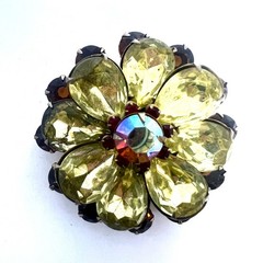 AB Rhinestone Brooch Pin Yellow & Brown Prong Set Gold Tone Floral Statement 2.5