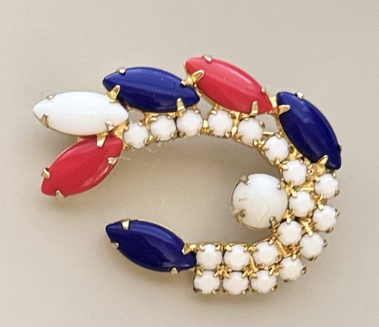 Vintage Patriotic Red White Blue Milk Glass Brooch Pin
