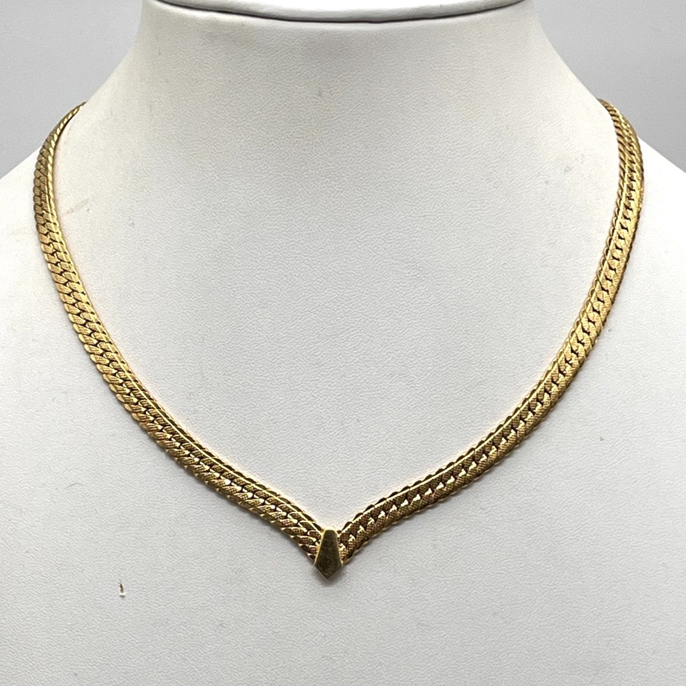Vintage Chevron Necklace Gold Tone Flat Curb Chain 17″
