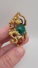 Swoboda Triple Dragon Jade Carnelian Figural Pin Brooch Gold Color VTG Estate