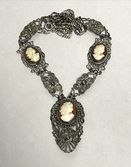 Vintage 800 Silver Filigree Cameo Parure Necklace, Earrings, and Bracelet Set