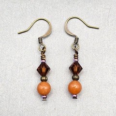 VTG Brass Orange Aventurine & Crystal Beaded Dangle Earrings 1.5″