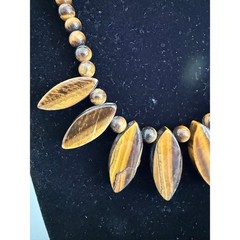 Vintage Tiger’s Eye Beaded Bib Necklace 17″ Large Gemstones Statement Boho Chic