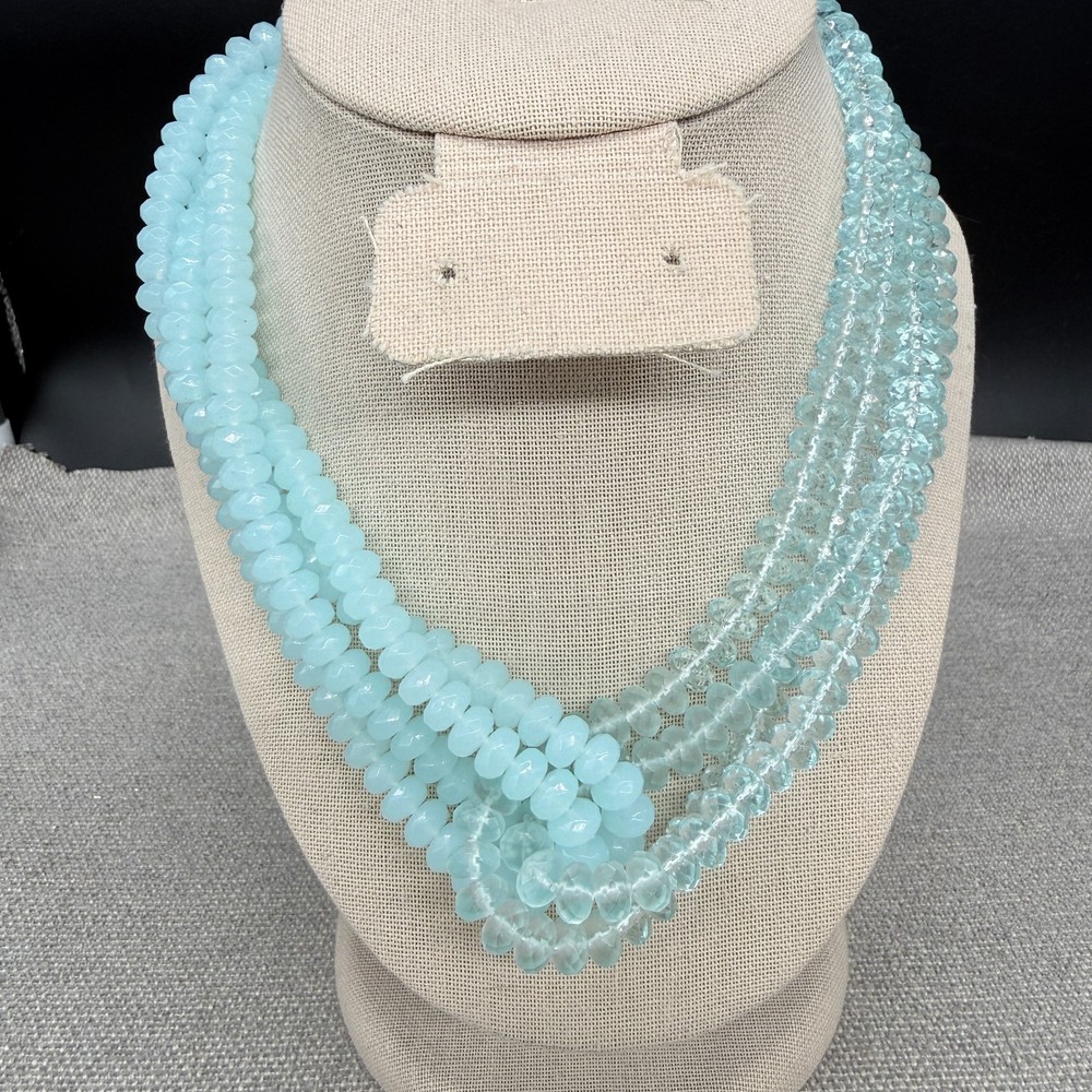 Acrylic Necklace Multi Strand Frosted Clear Blue Beads Looped 17 Inches
