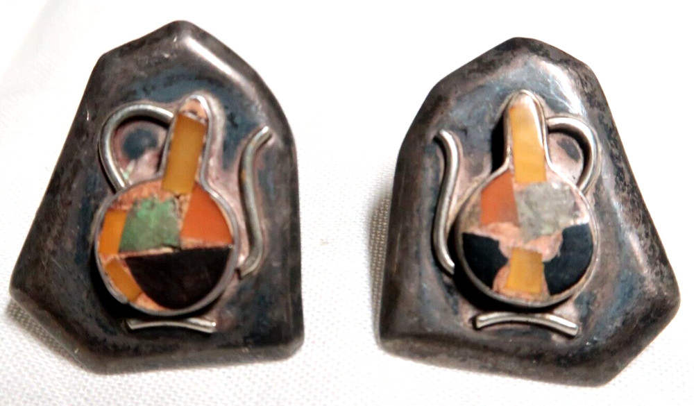 VINTAGE SOUTHWEST STERLING SILVER MOSAIC SCREW IN EARRINGS