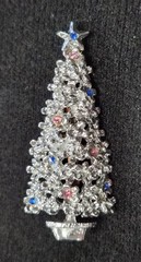 Vintage Silver Tone – Pink & Blue Rhinestone Christmas Tree Pin / Brooch