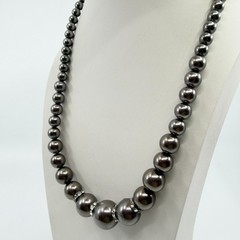 VTG Gunmetal Gray Faux Pearl Graduated Statement Necklace Rhinestone Rondelle