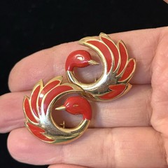 Vintage Oréna Paris Red Enamel Bird Earrings Gold Tone Signed France Phoenix