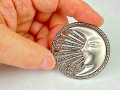 TONA Vintage Silver Tone Round Large Pin Brooch Moon Face